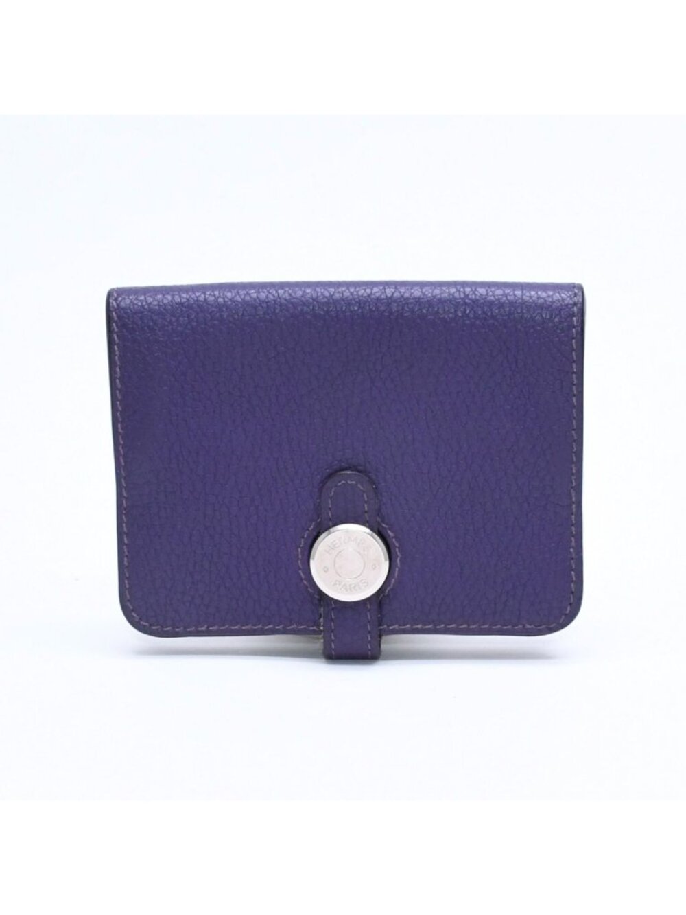 Hermes Dogon Compact Card Case Togo Purple Clou de Selle Coin Purse Silver